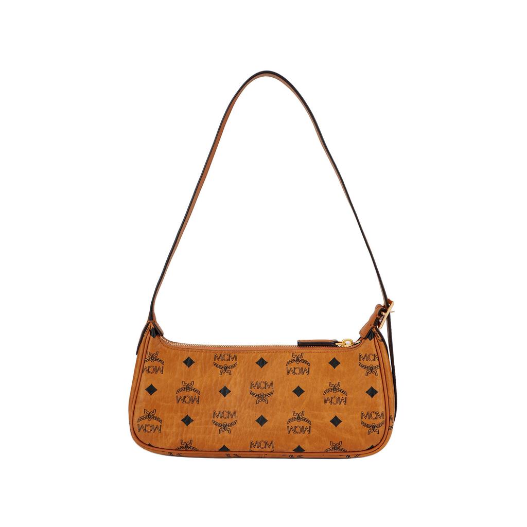 MCM Visetos Cognac Leather Hobo Shoulder Bag with Gold Hardware for Daily Use