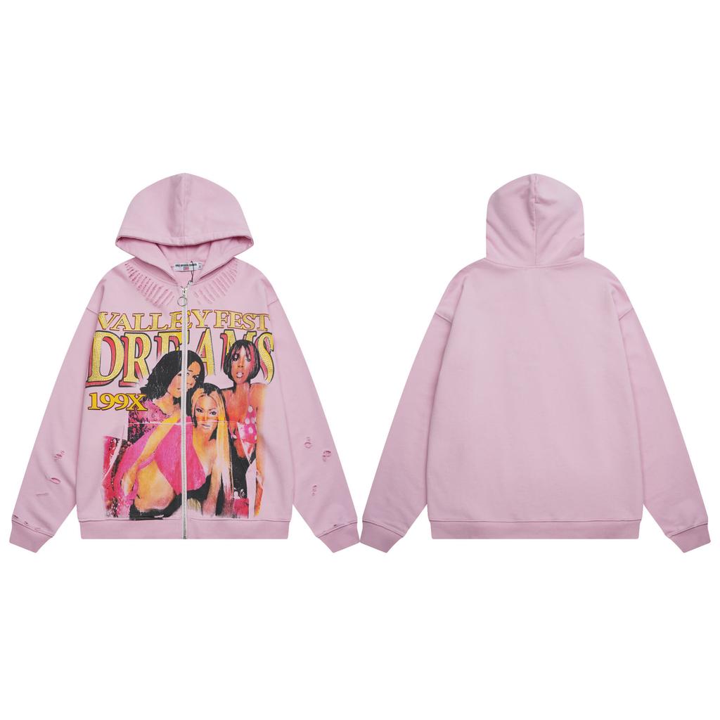 V125 Vale DREAM VALLEY Zip Up Hoodie Hot Stamping Pink Cardigan Sweatshirt