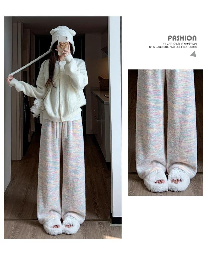 145 Petite High Waist Rainbow Fleece Pants - Soft, Loose, Wide-Leg for Women (Autumn/Winter) 150cm