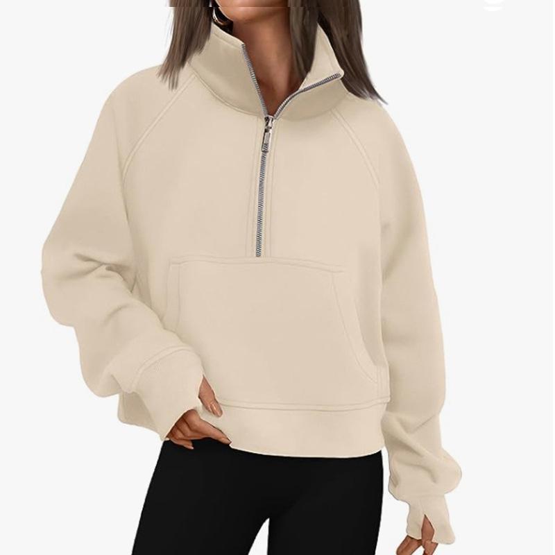 Women's Autumn/Winter Solid Color Half-Zip Cropped Hoodie - European & American Style