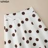 VONDA Women Zip-up Waist Casual Polka Dots Print Swing Pleated Skirts