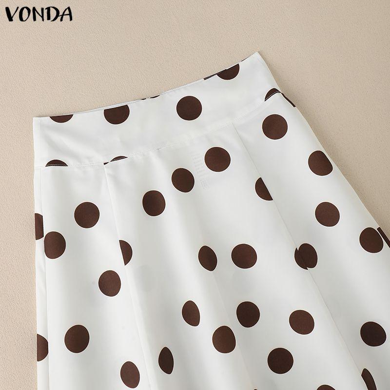 VONDA Women Zip-up Waist Casual Polka Dots Print Swing Pleated Skirts