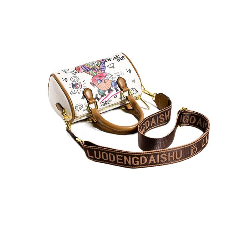 Small Cute Bear Doodle Boston Messenger Bag With Adjustable Strap Fashion White Handbag Ladies Casual Shoulder Bags Dating Purse