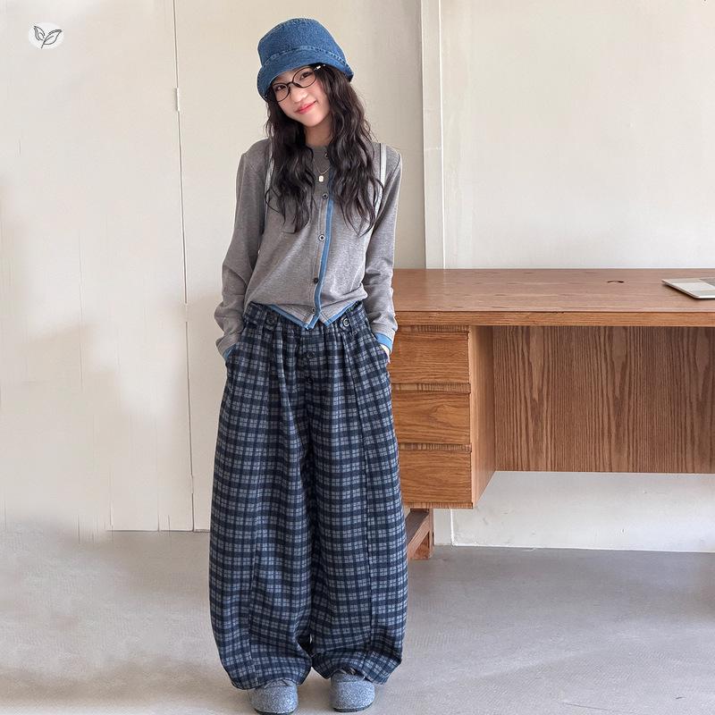 Girls' Casual Plaid Wide-Leg Pants - 2026 Autumn Style for Medium and Large Kids