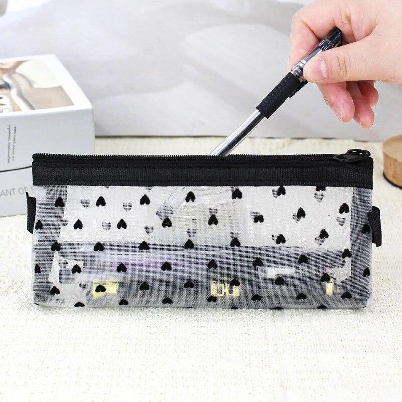 Mesh Pencil Case Cosmetic Makeup Bags Case Transparent Multifunction Organizer Folder Zipper Black Heart Pencil Case Storage Bag