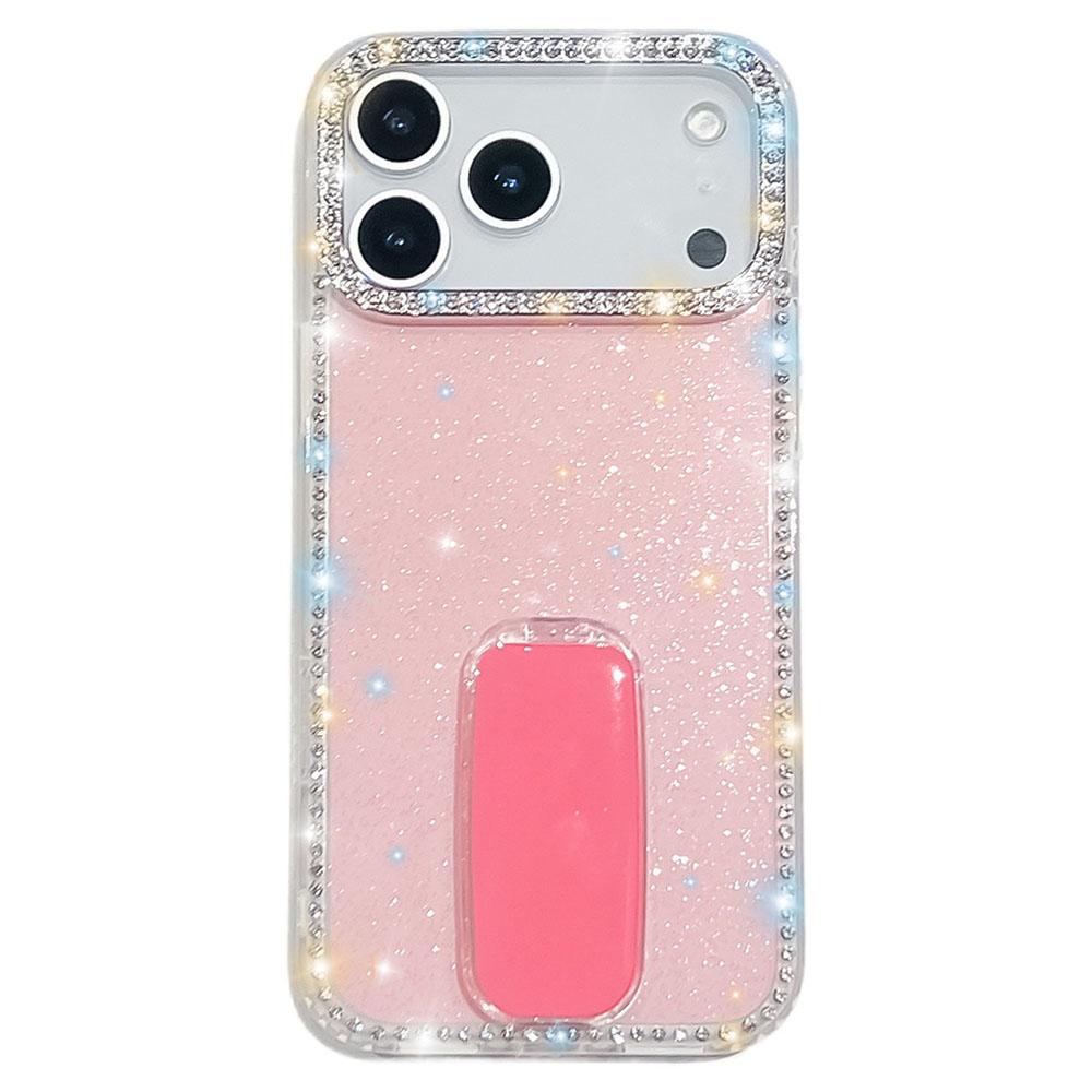 

For iPhone 17 Pro Case with Straight Mirror Kickstand Rhinestone Edge TPU+PC IMD Phone Cover Glitter Light Pink