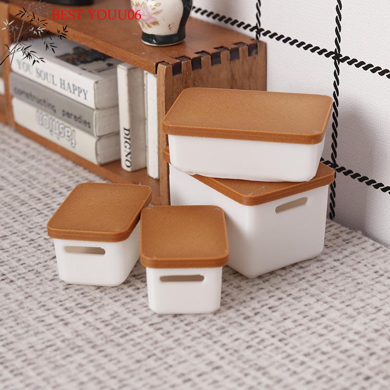 (YOUU06)4 Piezas Mini Caja de Almacenamiento con Tapa 1/12 Casa de Muñecas Caja de Almacenamiento de Comida en Miniatura Modelo Accesorios para Casa de Muñecas Juguete