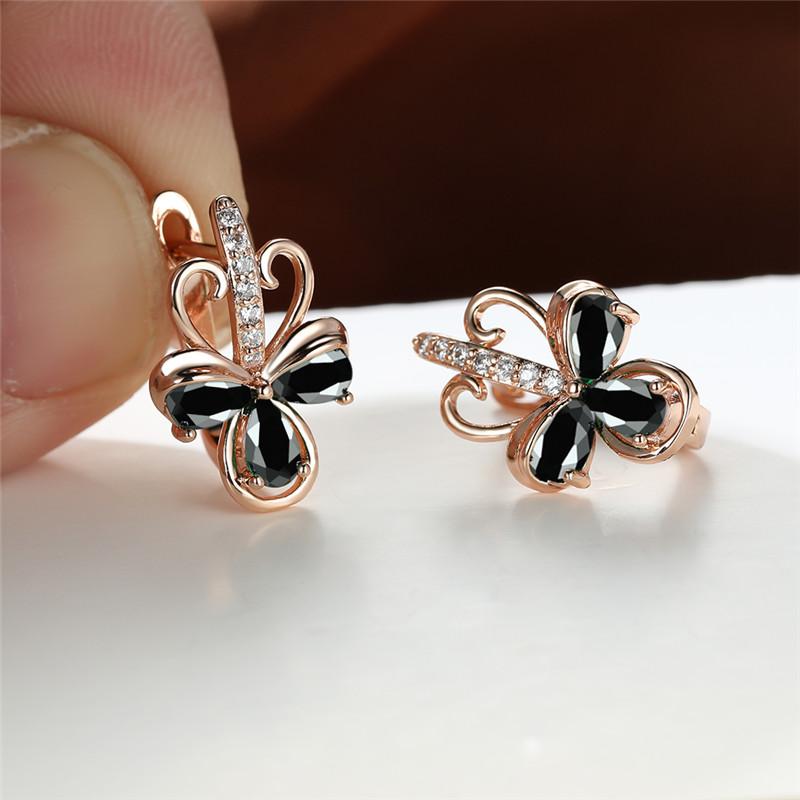 Charm Female Green Zircon Stone Flower Clip Earrings Vintage Gold Color Wedding Jewelry For Women