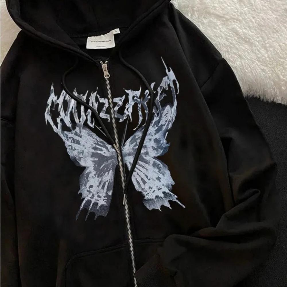 Gothic Style Aramid Hoodie Butterfly Zipper Sports Hoodie Full Sleeve Polyester Fiber Women's Fashion Casual Streetwear