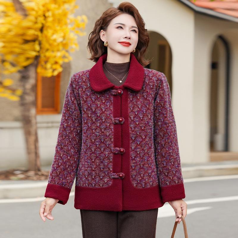 

New autumn and winter mother, elderly woolen top, elderly grandmother, middle-aged and elderly coat, clothes thickened and velvet to keep warm 5XL [recommended 150-80kg] червоний