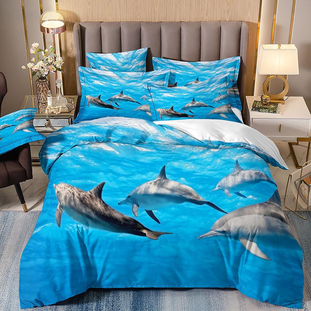 3D-gedruckte Heimtextilien Bettwäsche Delfin Meeresschildkröte Meerestier Quilt-Set Dreiteiliges Set