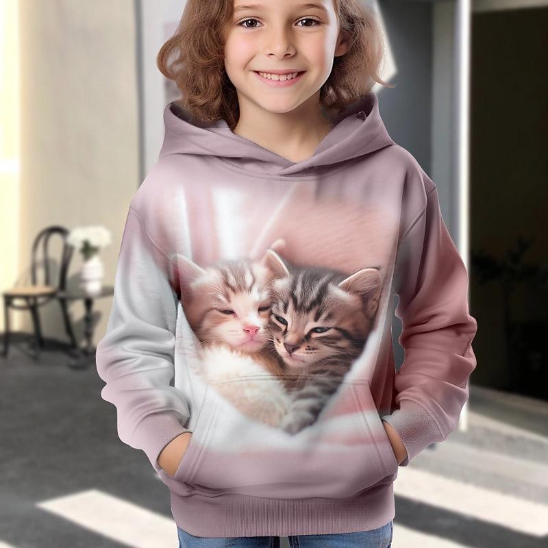 Girls' 3D Cartoon Cat Hoodie Pullover Long Sleeve 3D Print Fall Winter Active Fashion Cute Kids 3-12 Years Outdoor Casual Daily Regular Fit