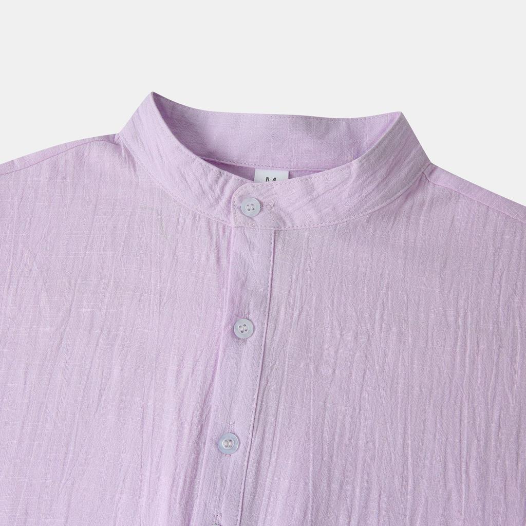 Summer 2024 Bestseller: Men's Solid Color Cotton Linen Stand Collar Short Sleeve Shirt - European & American Style