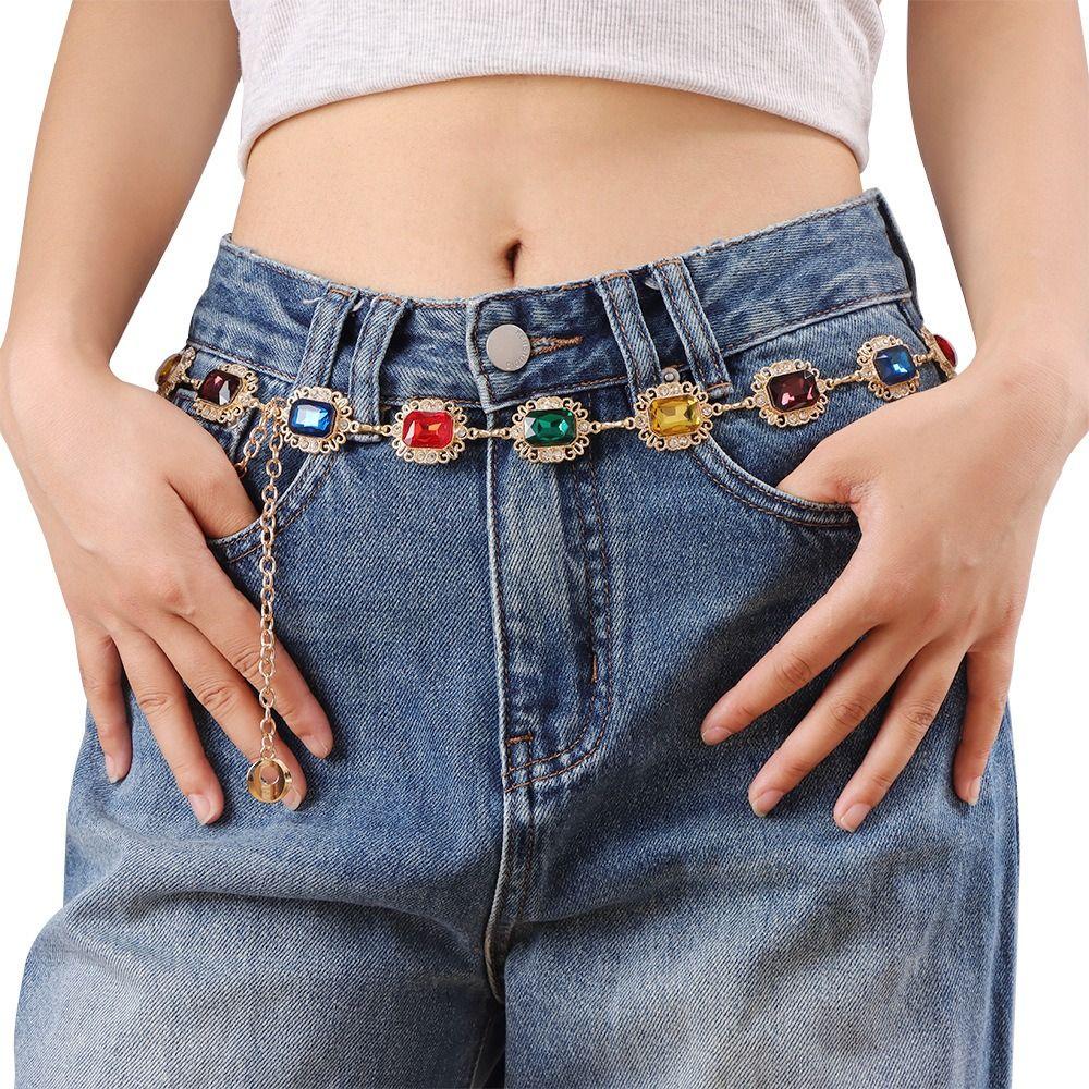 Metal Rhinestone Belly Belts Gold Y2K Waistband Colorful Crystal Waist Chain  Decorative Jeans