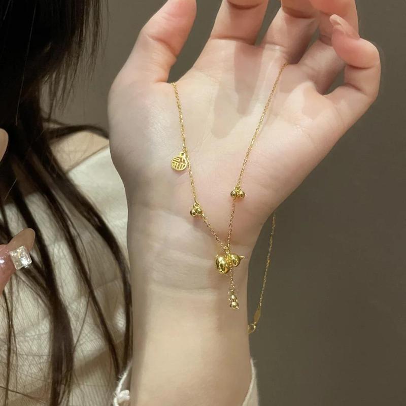 Classic Chinese Style Glossy and Exquisite Gourd Necklace Stereoscopic New In Ethnic Style Tassel Collar Chain Vintage Jewelry