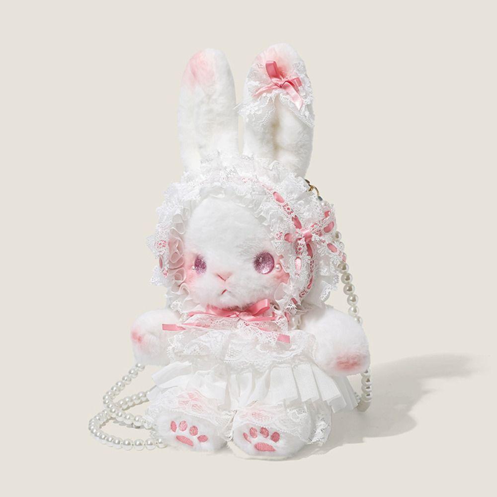 New Bunny Plush Bag Lolita Princess Shoulder Bag Long-eared Rabbit Pearl Chain Purse Crossbody Bags Long-eared Rabbit