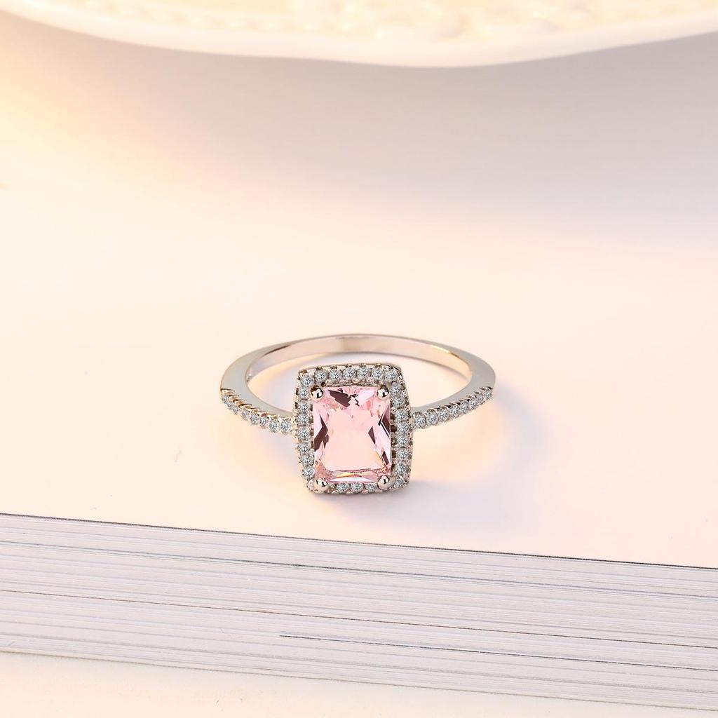 Zhenrong Multi-Color Gemstone Square Diamond Ring, European & American Classic, 925 Silver-Plated Engagement Jewelry.