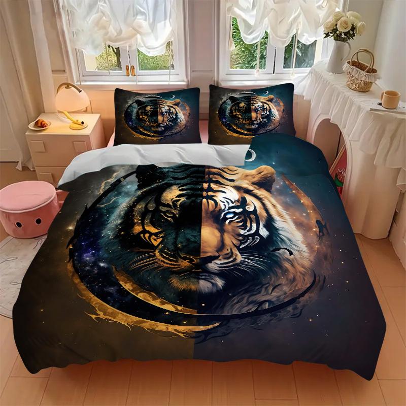 3pcs Twilight Tiger Quilt Set Cartoon Themed Bed Quilt Set Lovely Character Bedroom Decor Bed Quilt Set Four Seasons (1 Cover + 2Pillowcase NO Co