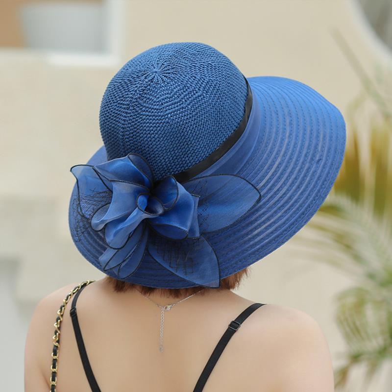 

Женская шляпа от солнца, новая шляпа рыбака из органзы с цветочным узором, складная универсальная элегантная шляпа от солнца для отпуска Adjustable (56-58CM) тёмно-синий