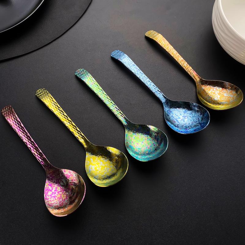 Crystal-Colored Pure Titanium Antibacterial Soup Spoon with Hammered Large Round Head