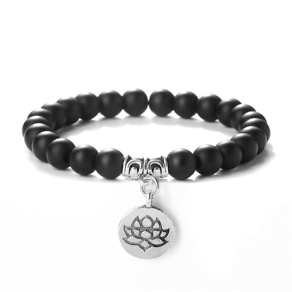 

8mm Natural Tiger Eye Stone Elastic Beaded Bracelets Lava Agate Bangle with Alloy Lotus Pendant Jewelry for Women Men Yoga Gifts матовий чорний колір