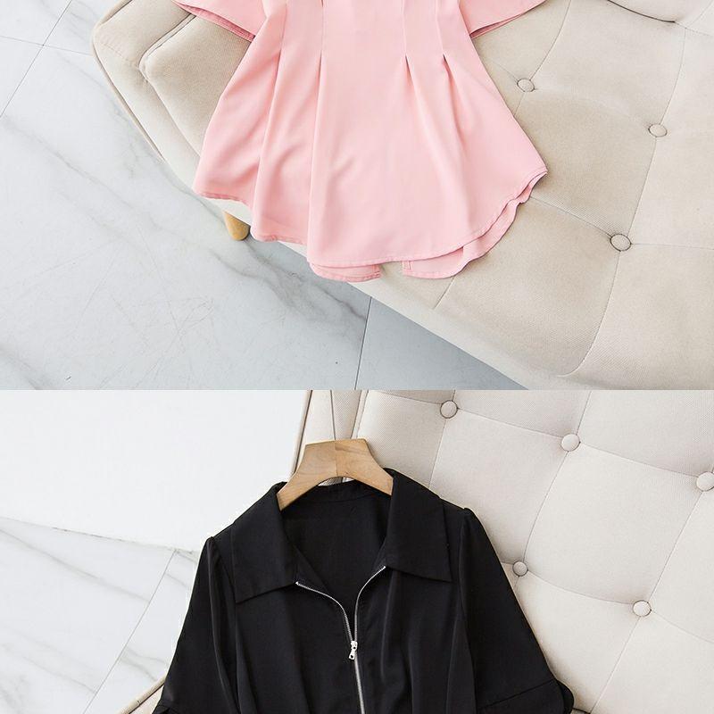 Ladies Irregular Zipper Short-sleeved Shirt Plus Size  Slim Waist Blouse