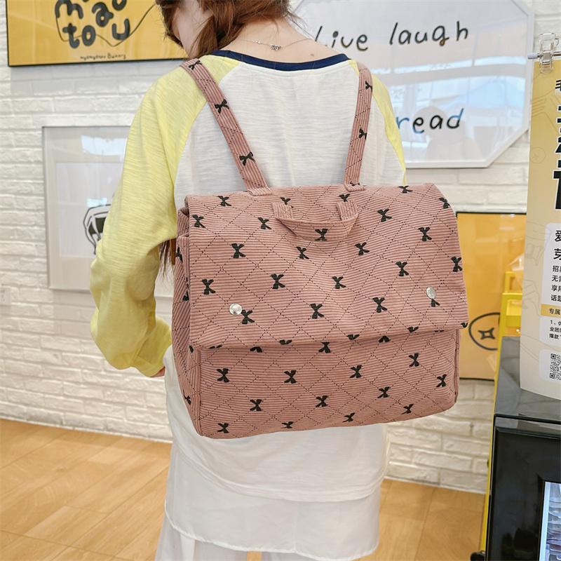 Vintage Corduroy Backpack Women's Bow Print Large Capacity Backpack