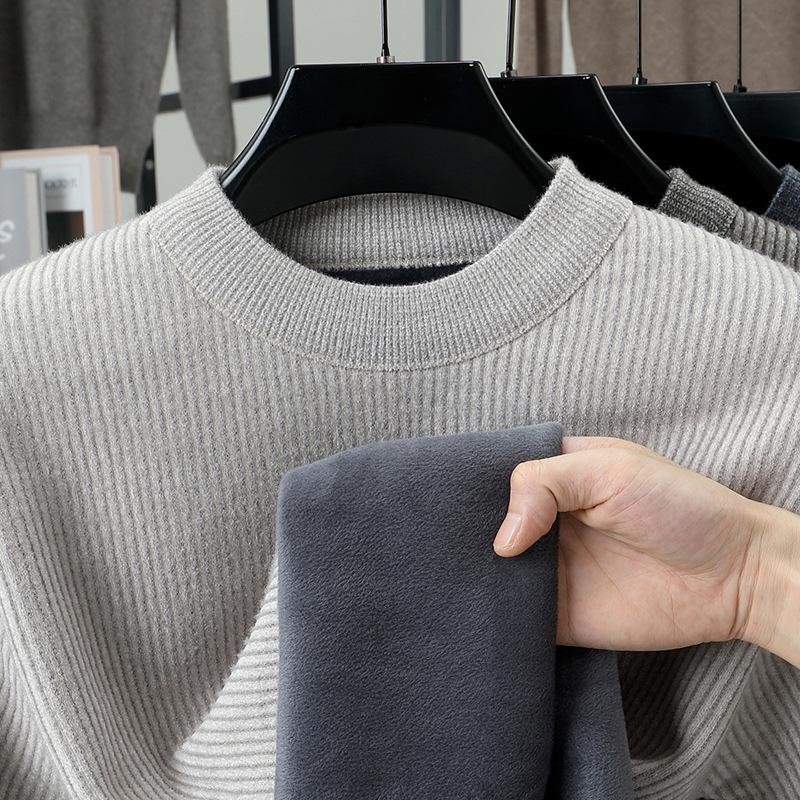 2025 Winter Men's Plus Velvet Round Neck Sweater: Casual, Simple, Warm Knitwear for Middle-Aged Comfort