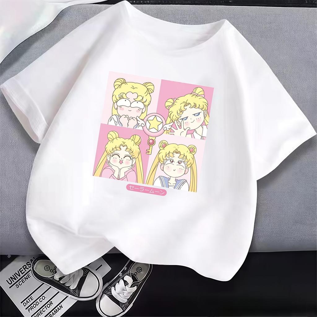 Sailor Moon White T Shirt Clothes for Girls Tops Cartoon Kawaii Fashion Clothing Summer Cute Short Sleeve Tee New Birthday Gifts
