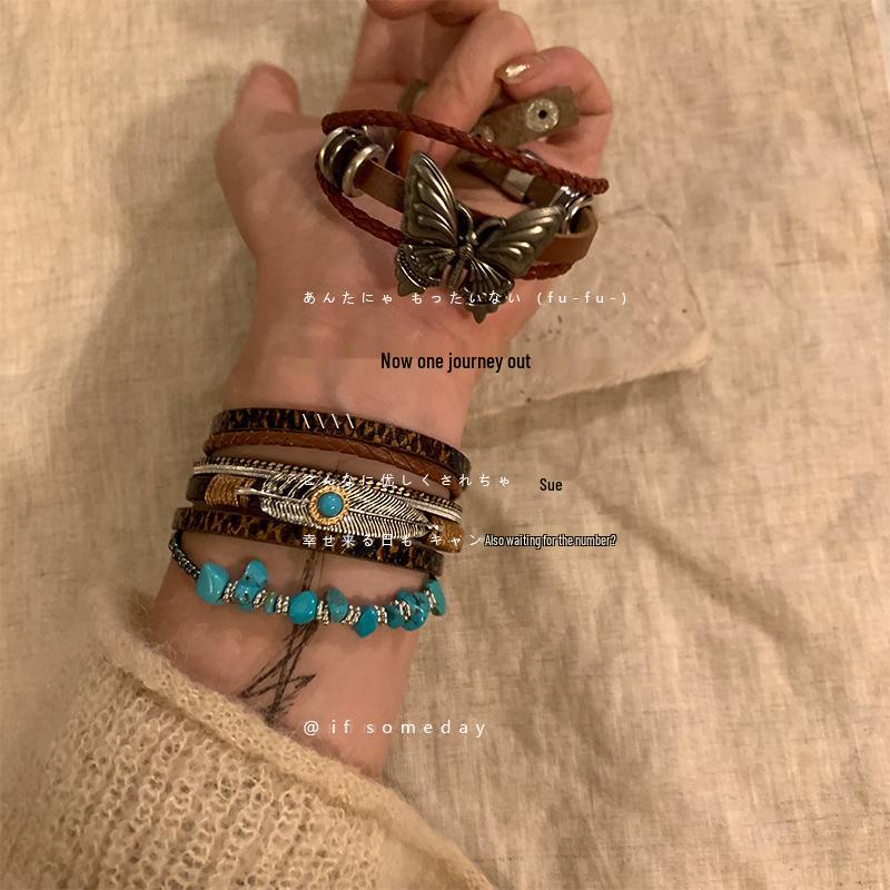 Vintage Bohemian Leather Layered Bracelet - Ethnic Style, Retro Hand Jewelry