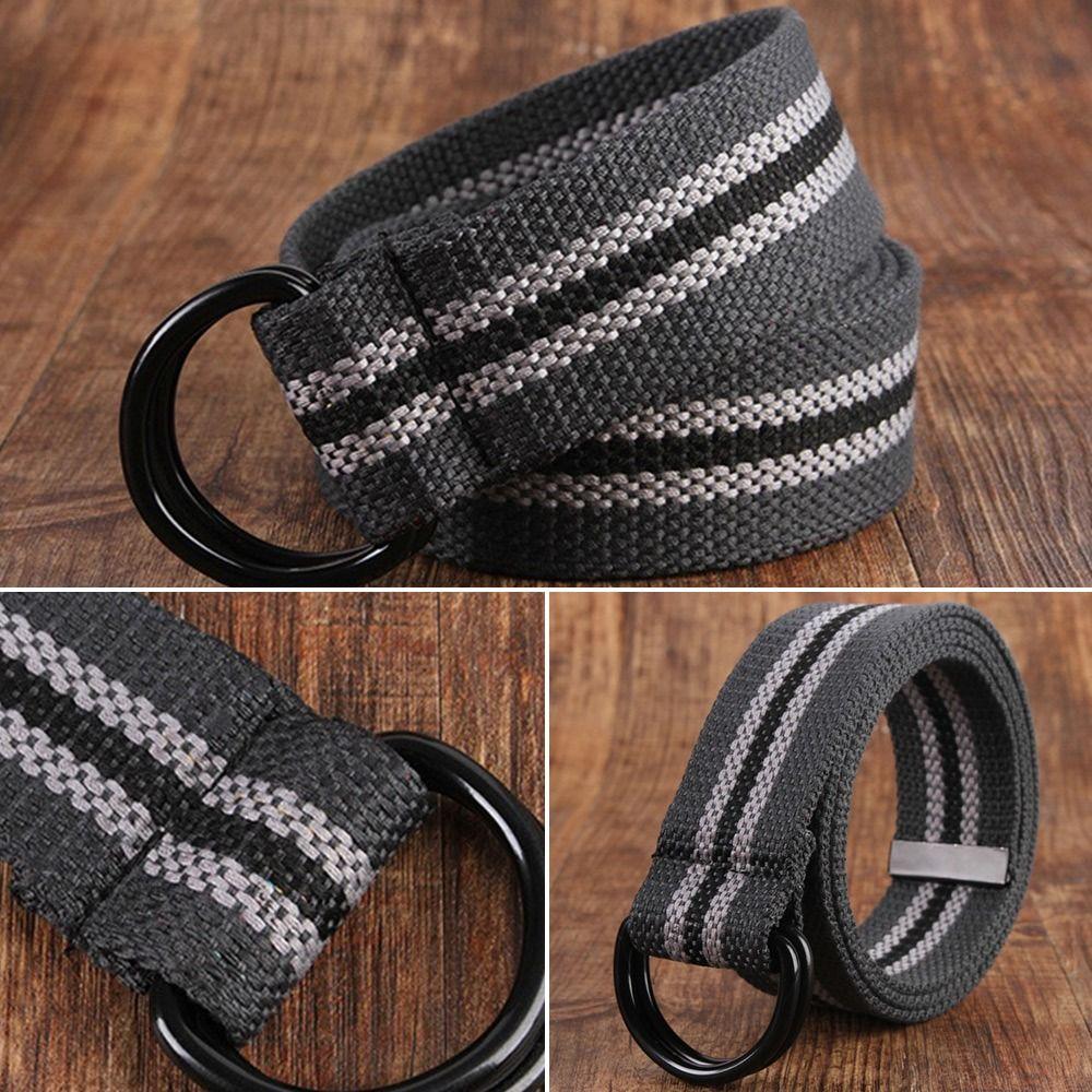 Women Simple Black Buckle Double Ring Waistband Weave Waist Band Nylon Braided Belt Canvas Strap