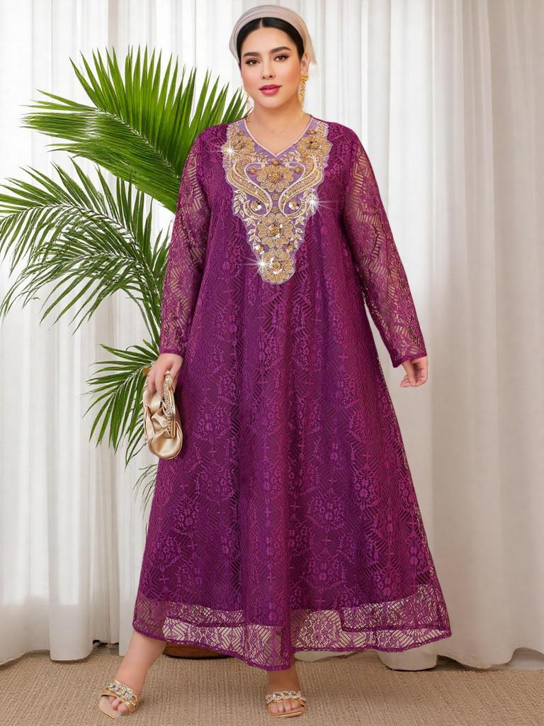 Plus Size V-neck Lace Dress with Sequin Embroidery - Flattering, Loose-Fit Muslim Formal Attire