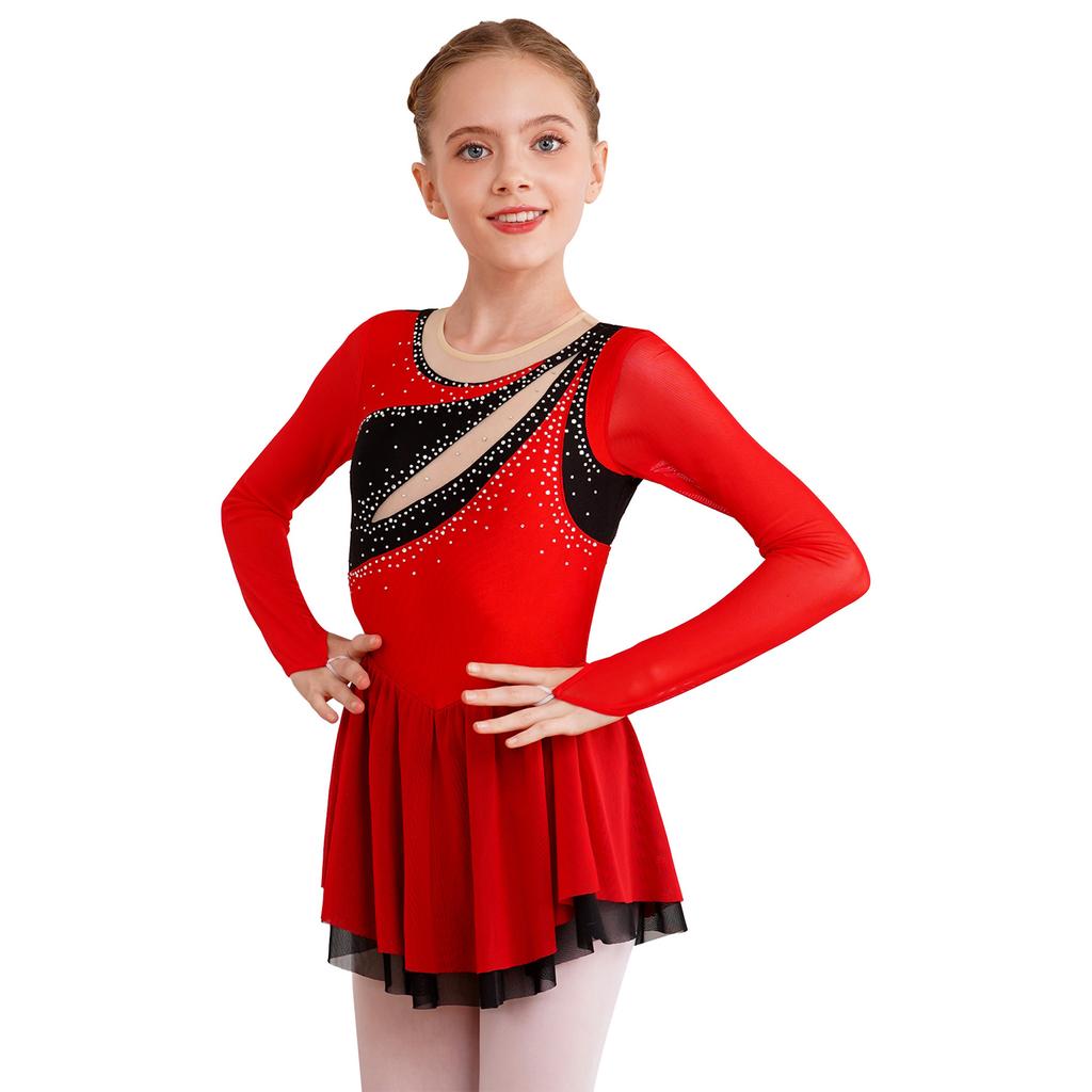 Dětské Dívčí Color Block Dance Dress Třpytivé drahokamy Průsvitná síťovina Dlouhý rukáv Klíčová dírka na zádech Šaty na krasobruslení