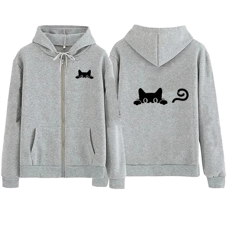 Women Cute Cat Zipper Hooded Autumn Winter Women Casual Outdoor Sports Long Sleeve Fleece Sweatshirts Jacket Coat