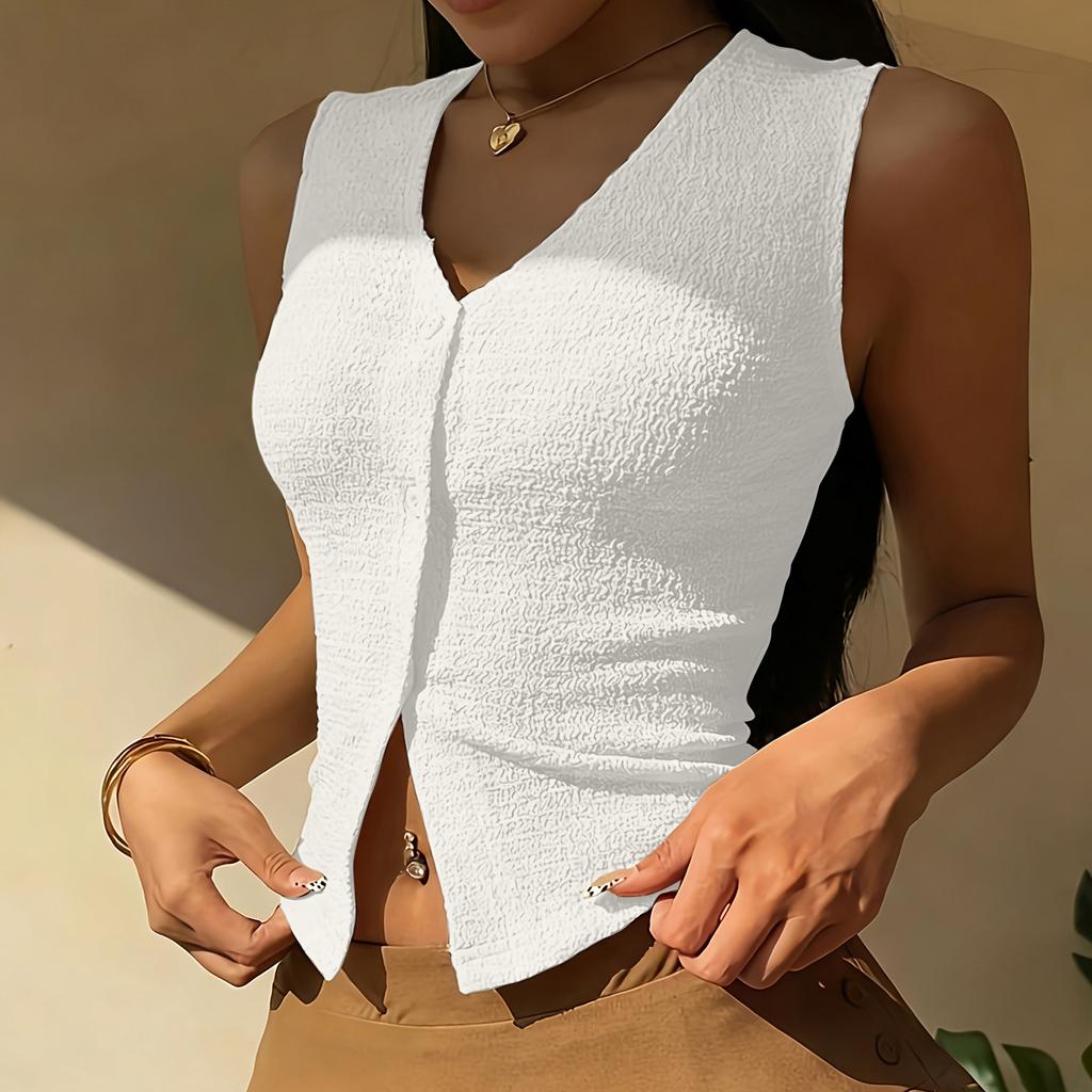 Women's Color V-neck Sleeveless Vest Top Button Inch Shirt