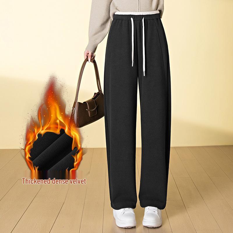 

Women s Casual Woolen Curved Leg Pants with Lace-up, Color Block Design, Wide Leg, Soft & Fluffy Fabric for Autumn/Winter 2025. S