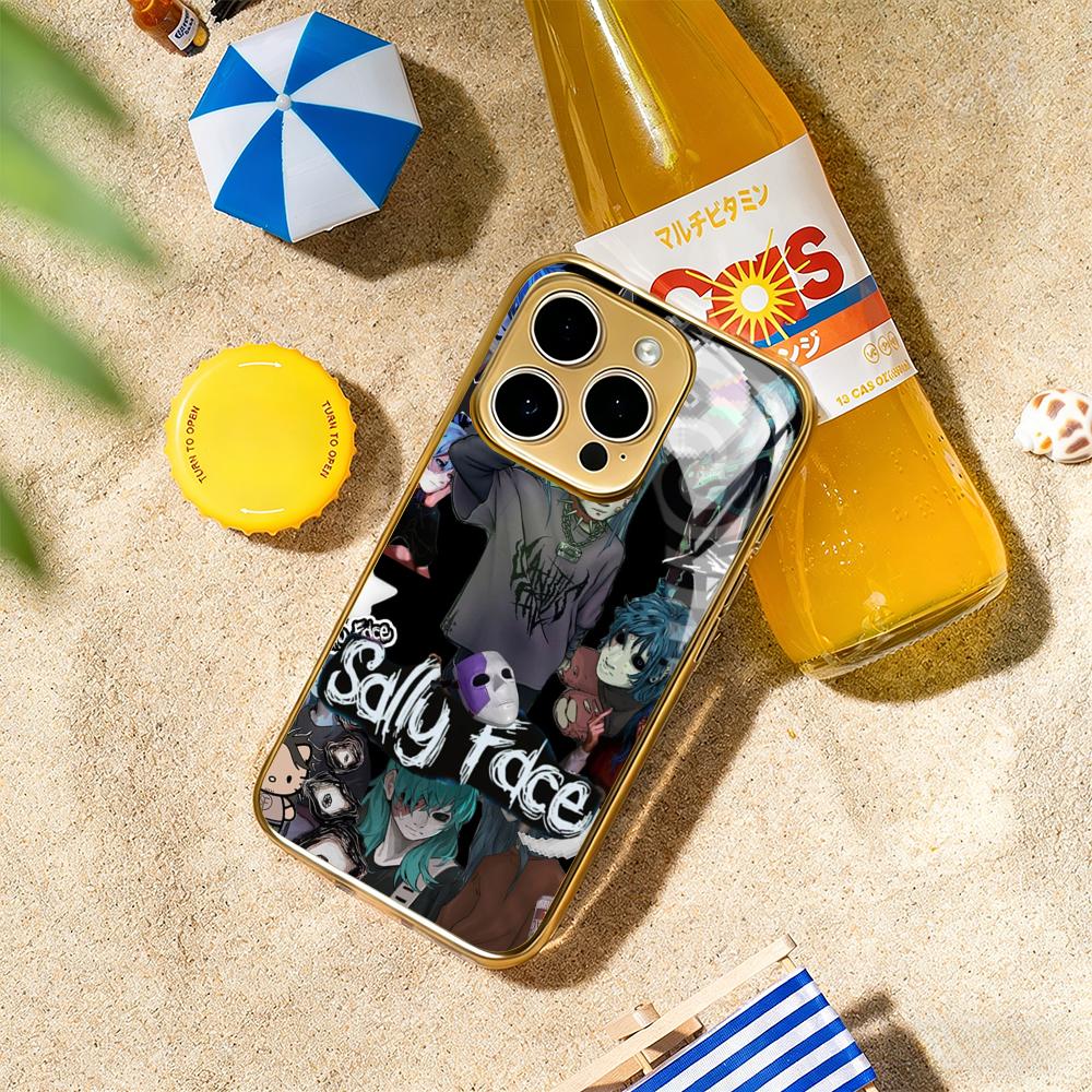 

American sally face retro fashion Phone Case For iphone 17 16 15 14 13 12 11Pro Plus Max Gold-plated glass Phone Case iPhone 16