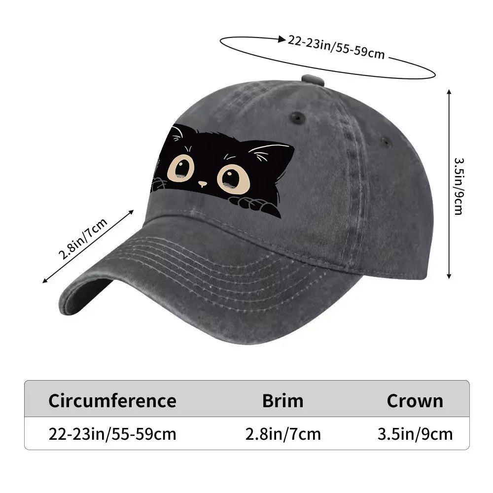 Black Cat Peeking Baseball Cap Cute Animal Print Adjustable Washed Denim Hat Casual