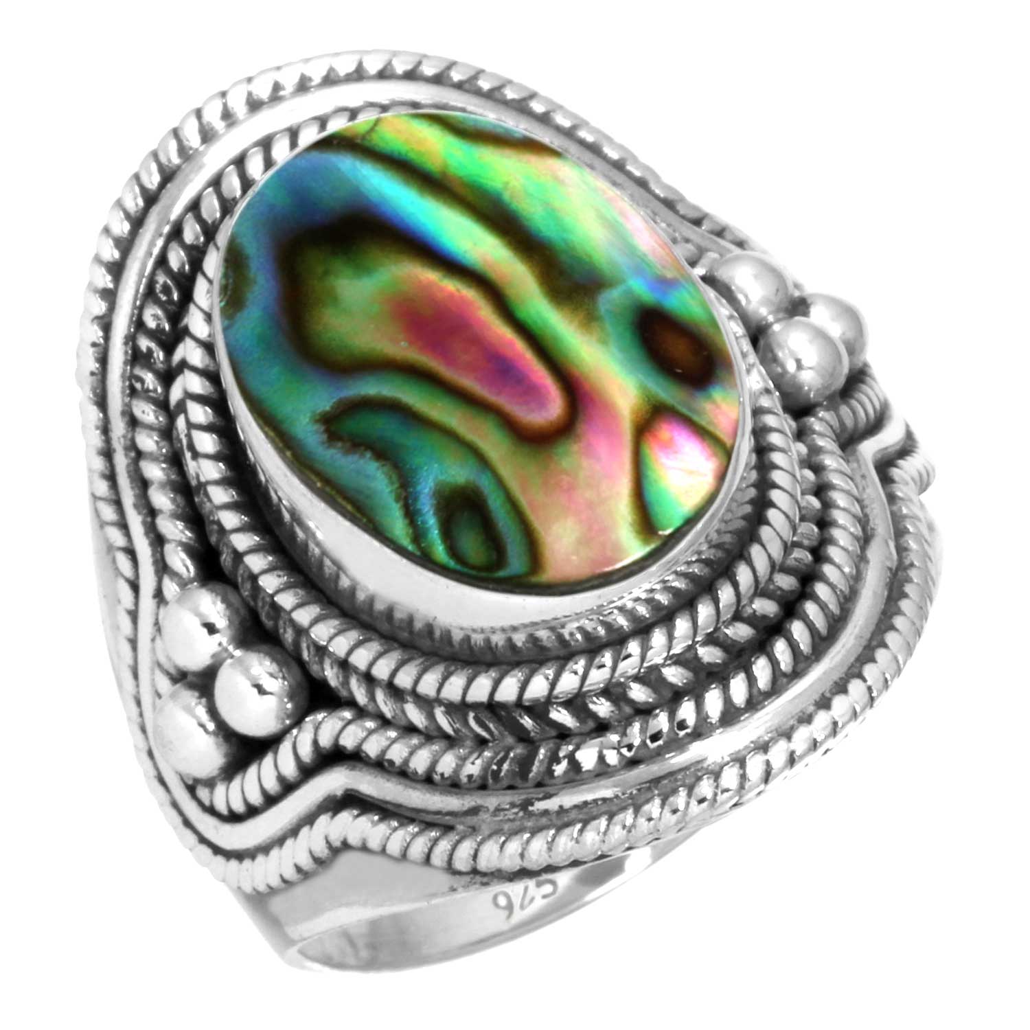 

Кольцо из стерлингового серебра 925 пробы Женское с драгоценным камнем Ручной работы Ювелирное изделие Пасхальный подарок Аквамариновый халцедон Раковина абалона Голубой солнечный камень Лабрадорит Пренит Винтаж 12