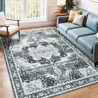 Grauton Persermuster Wohnzimmer Großer Teppich Schwarz Weiß Grau Retro Persisch Abgenutzte Textur Rutschfester Teppich für Heimdekoration