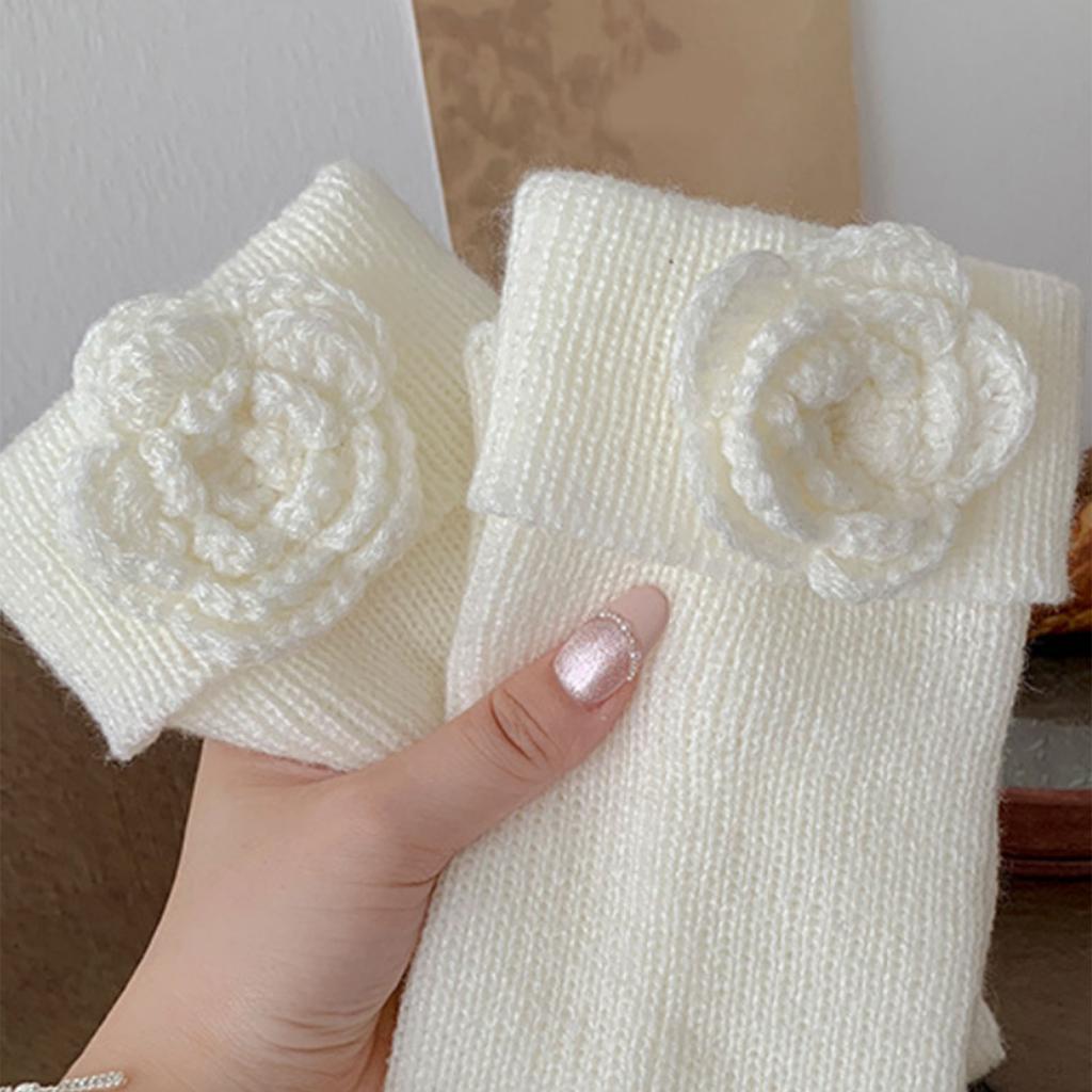 Casual Elegant 3D Flower Decorated Leg Warmers Soft Acrylic Ribbed Knit Turn Cuffs Boot Toppers Footless Socks for Women