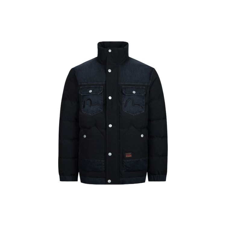 Fukushin Evisu AW23 Trademark Embroidered Denim Patchwork Regular Fit Stand Collar Down Jacket Men jackets Black 2EAHTM3NJ1036XXPL