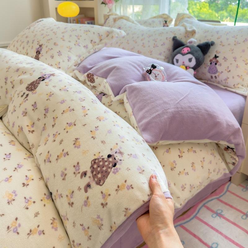 Thickened Milk Fleece Four-Piece Set Double-Sided Fleece Quilt Cover Coral Flannel Bed Sheet Quilt Cover Three-Piece Set Of Bed Hat