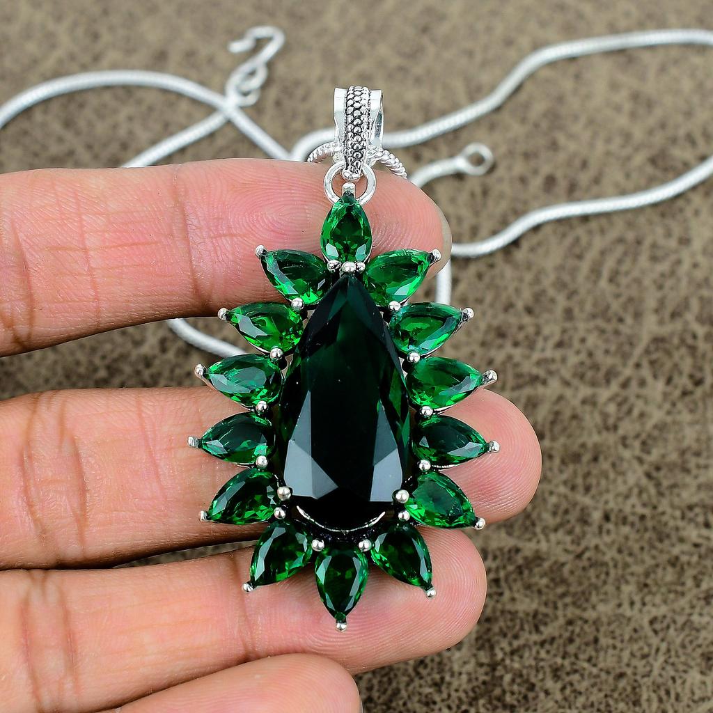 Chrome Diopside Gemstone Handmade 925 Sterling Silver Jewelry Pendant 2.48" KKG-275