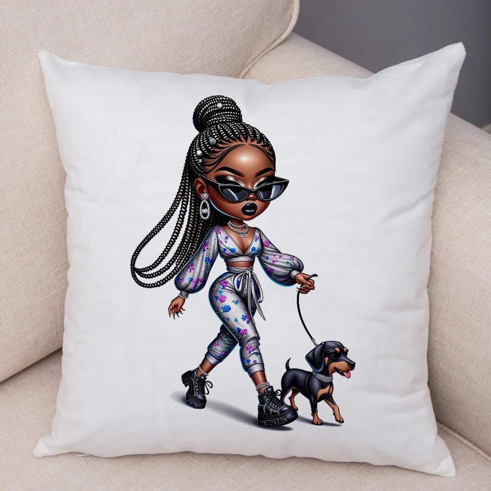 Fashion Cartoon African Girl Pillow Case Soft Plush Cushion Cover for Sofa Home Decor Cute Black Women Throw Pillowcase
