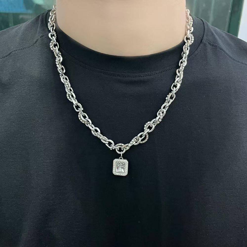Men's Punk Hip Hop Necklace: High-End Titanium Steel with White Square Zirconia - Versatile and Stylish Jewelry.