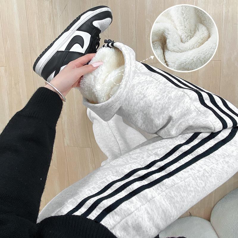 Lamb Wool Sweatpants Women's Autumn and Winter New Striped Sweatpants Casual Small Fleece Wide-leg Pants