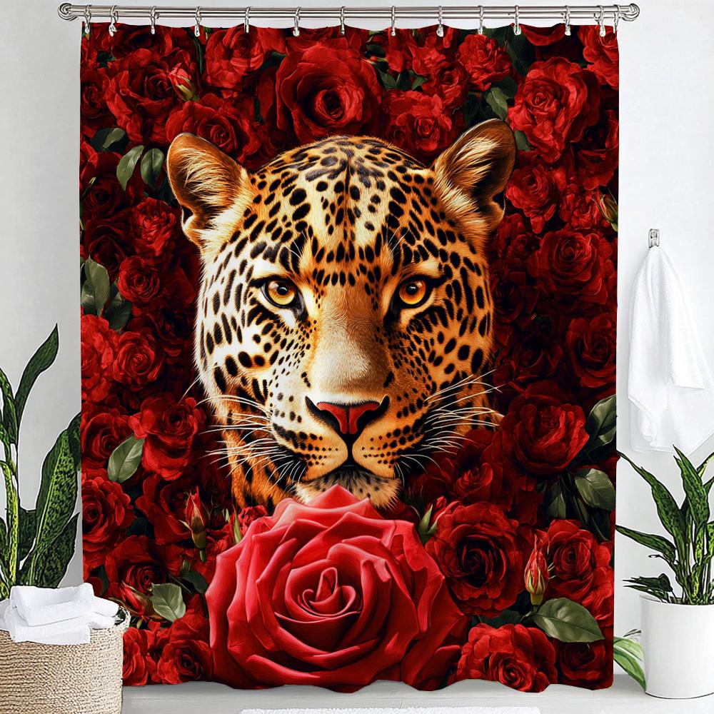 1Pc Red Rose, Flowers And Leopard Print Waterproof Shower Partition Privacy Hanging Curtain With Hooks Machine Washable