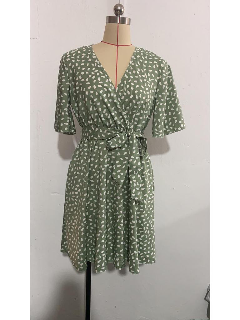 V Neck Printingt Dress Waist Hugging Dress Elegant Short Sleeve Dresses Causal Women Dress
