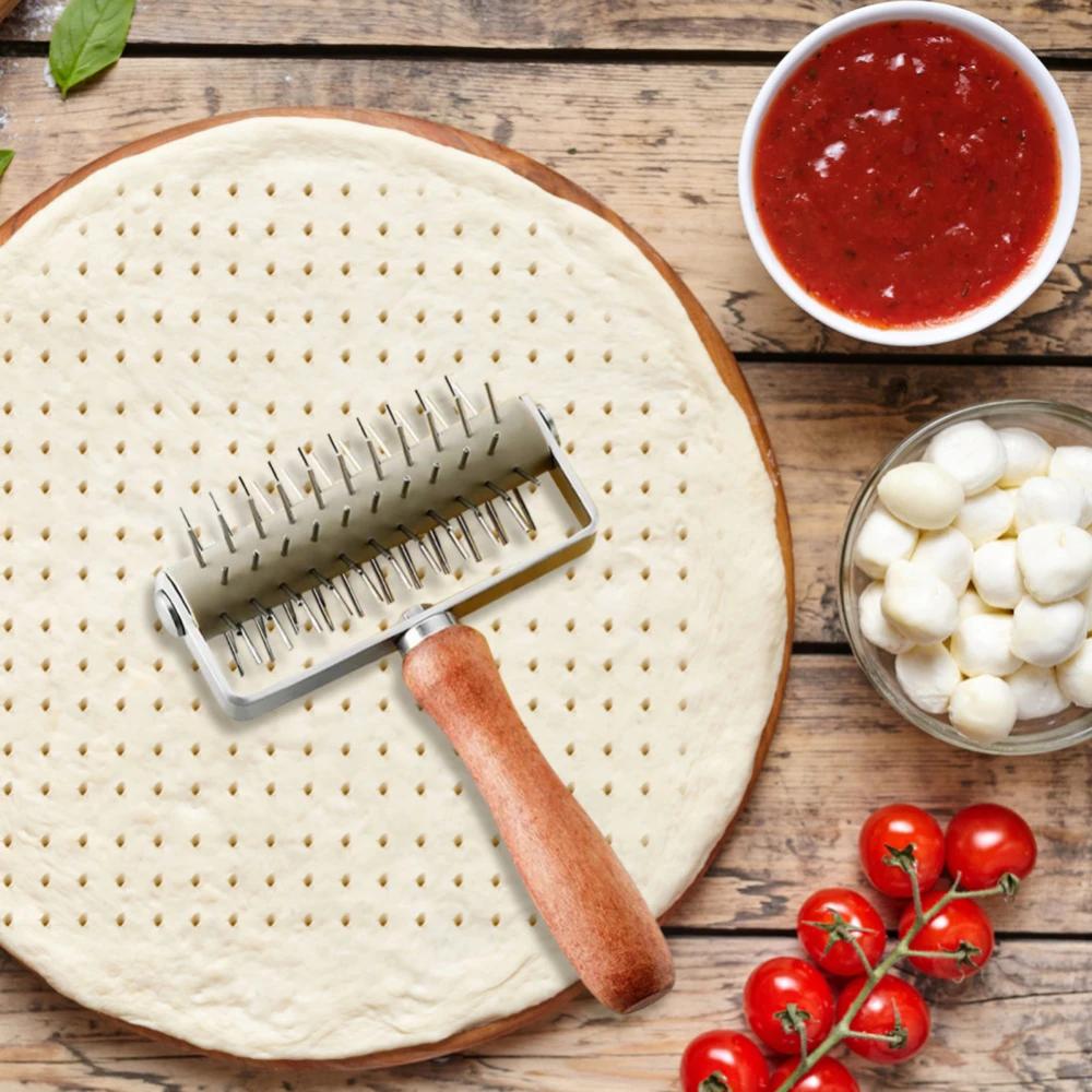 Stainless Steel Pizza Dough Roller with Wooden Handle Professional Baking Tool for Pie Pastry Bread Needle Puncher
